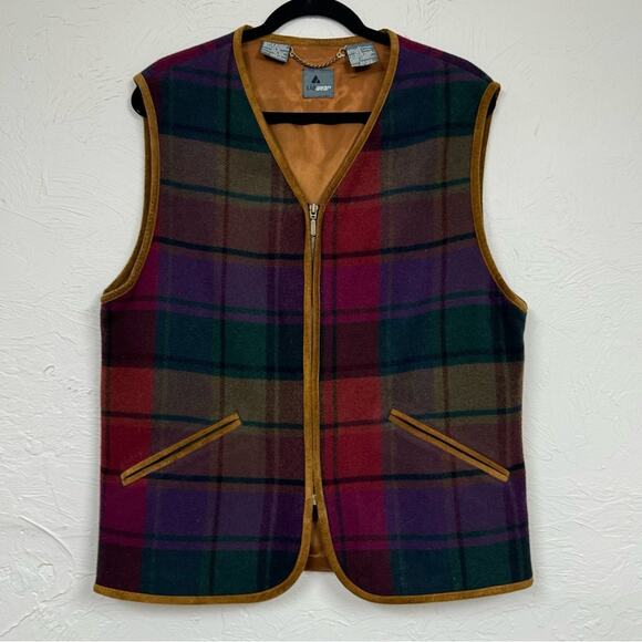 Vintage Wool Colorful Plaid Leather Trim Vest Womens L Fall Chore Barn Jacket - Picture 1 of 11